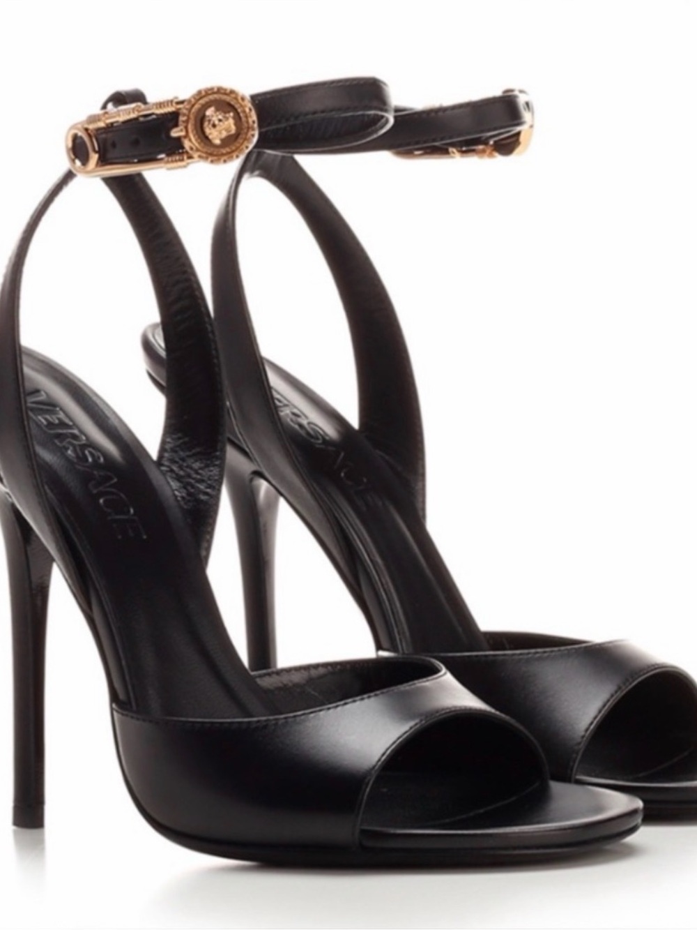Versace Black Leather Open-Toe Heeled Sandals with Gold Hardware